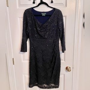 Ralph Lauren sequins and lace deep purple 3/4 sleeve dress 16